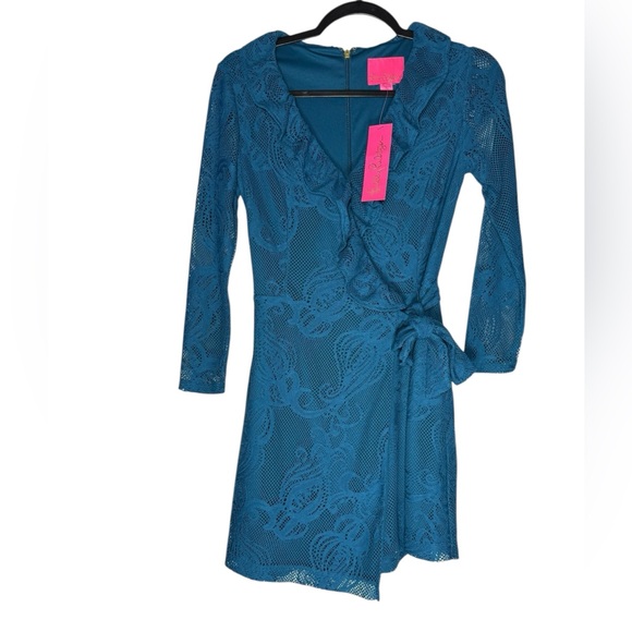 Lilly Pulitzer Pants - Lilly Pulitzer Tiki Wrap Ruffle Romper Sz XS Inky Teal Lace Long Sleeve NWT $198